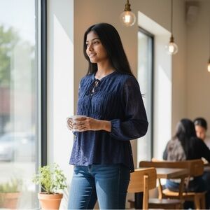 Mason & Belle Navy Lace Blouse Small NWT | V‑Notch Boho Chic Top